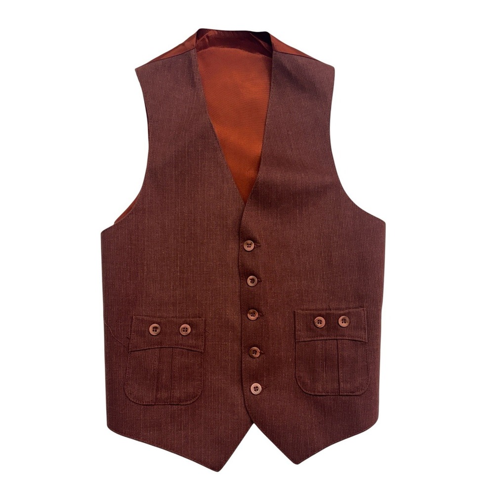 vtg 70s Rust Brown 36R Slim Suit‎ Vest Waistcoat Retro Disco Mens Cotton Blend